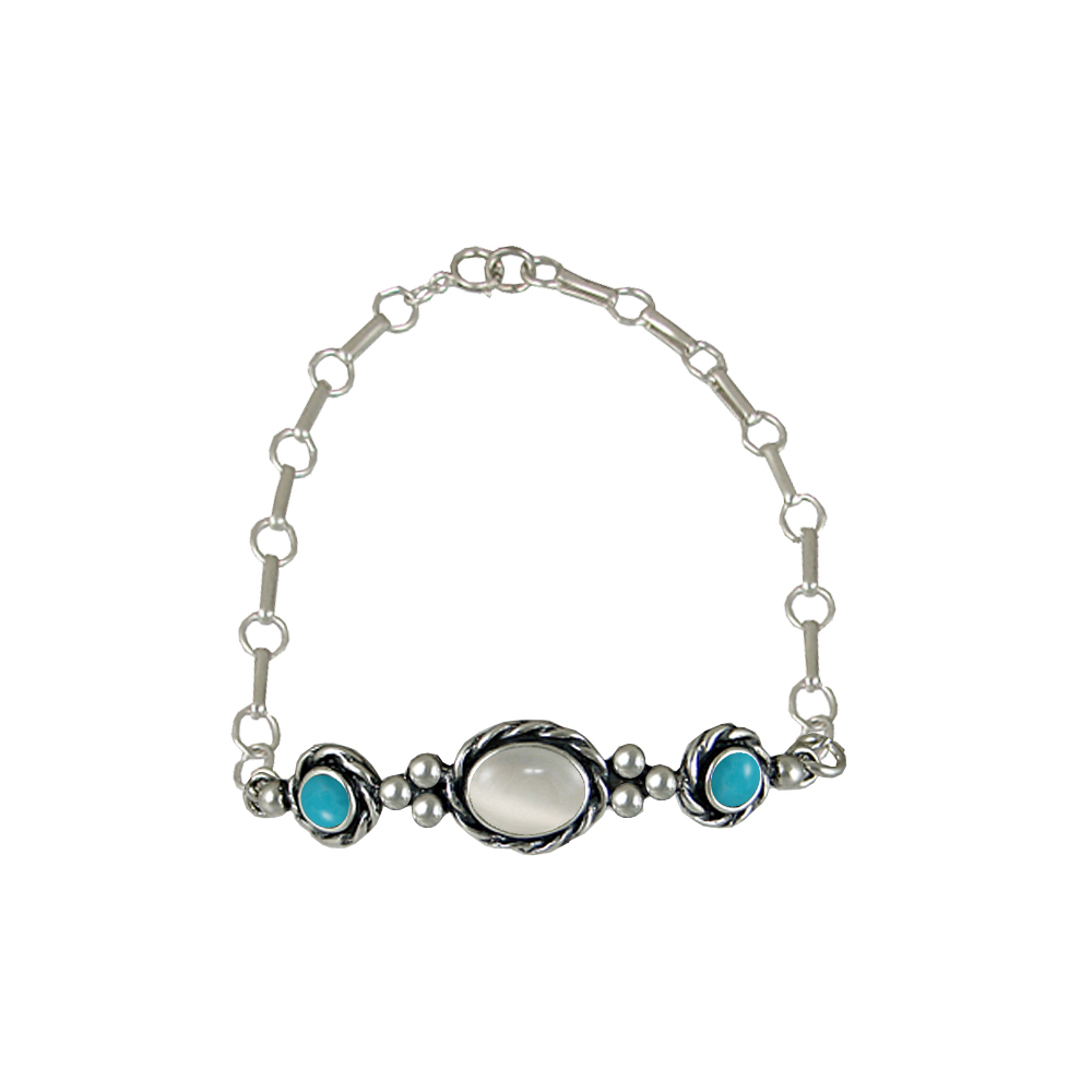 Sterling Silver Gemstone Adjustable Chain Bracelet With White Moonstone And Turquoise